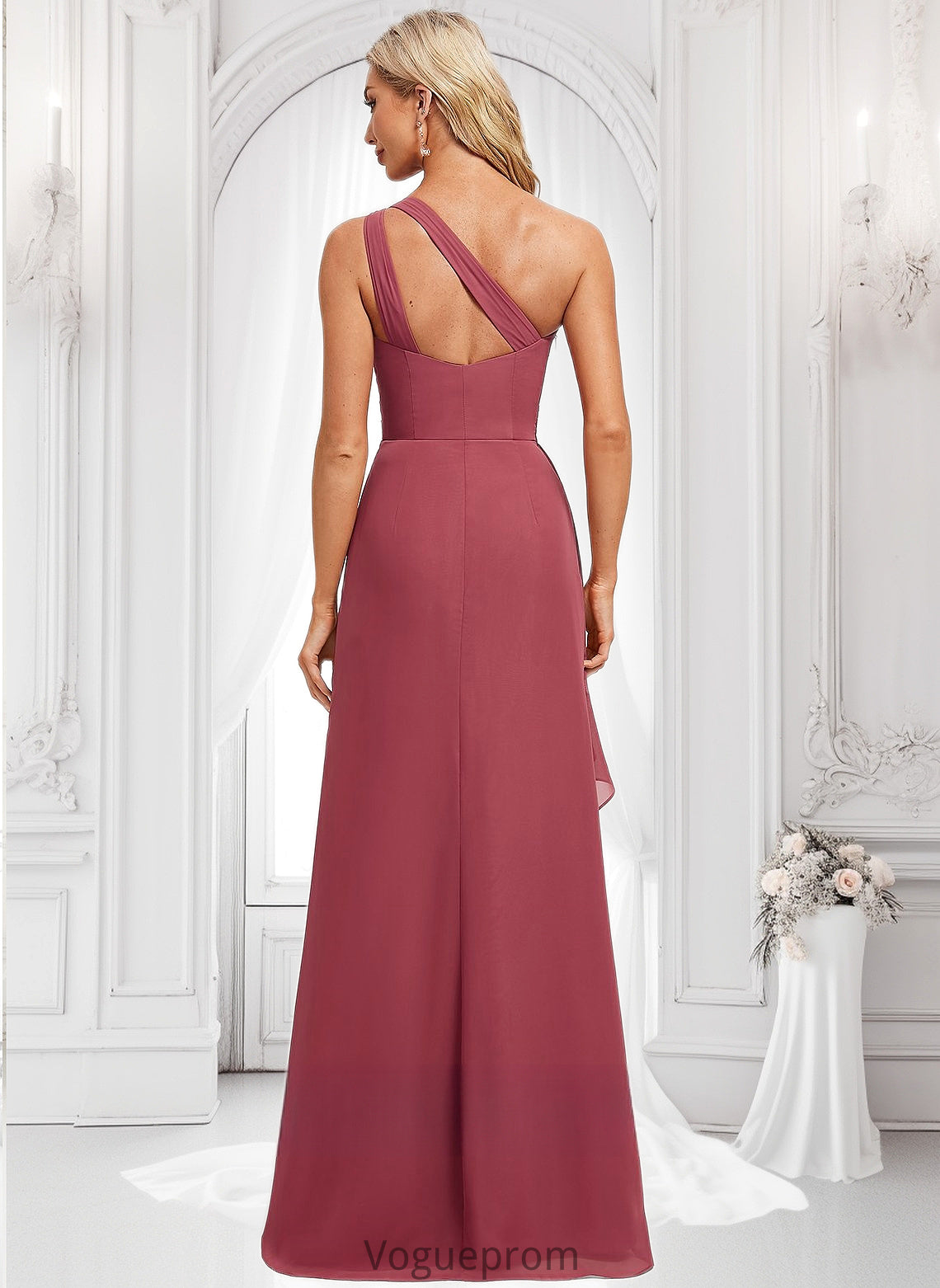 Maggie A-line One Shoulder Floor-Length Chiffon Bridesmaid Dress With Ruffle DKP0025824