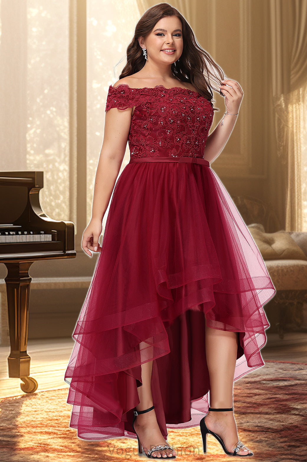 Cassidy A-line Off the Shoulder Asymmetrical Lace Tulle Homecoming Dress With Beading Bow Sequins DKP0020535