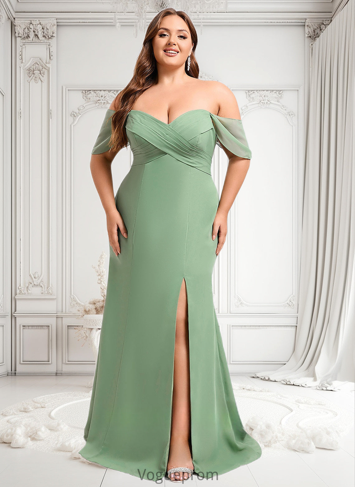 Dayami Trumpet/Mermaid Off the Shoulder V-Neck Floor-Length Chiffon Bridesmaid Dress DKP0025810