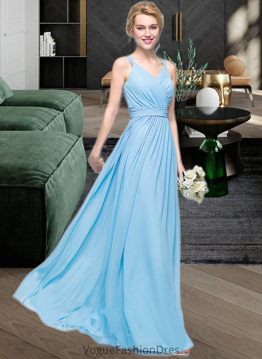 Carina A-Line V-neck Floor-Length Chiffon Bridesmaid Dress With Ruffle Bow(s) DKP0013211