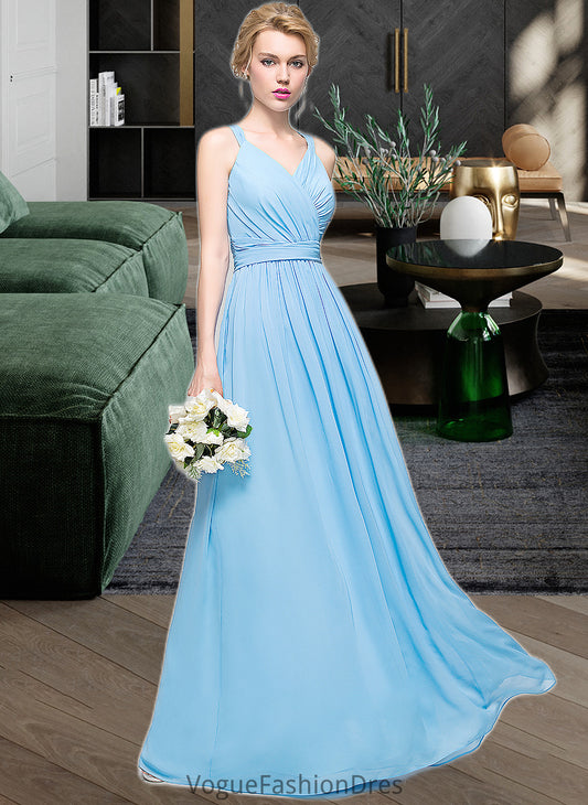 Carina A-Line V-neck Floor-Length Chiffon Bridesmaid Dress With Ruffle Bow(s) DKP0013211