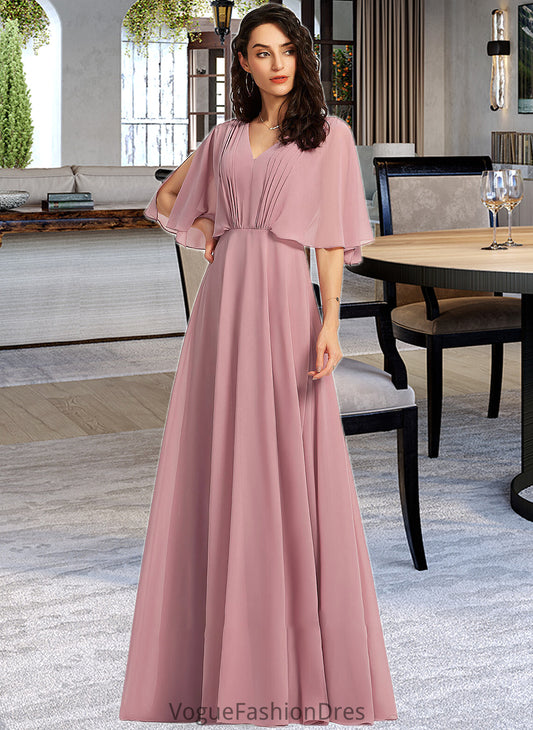 Kayleigh A-Line V-neck Floor-Length Bridesmaid Dress With Ruffle DKP0013214