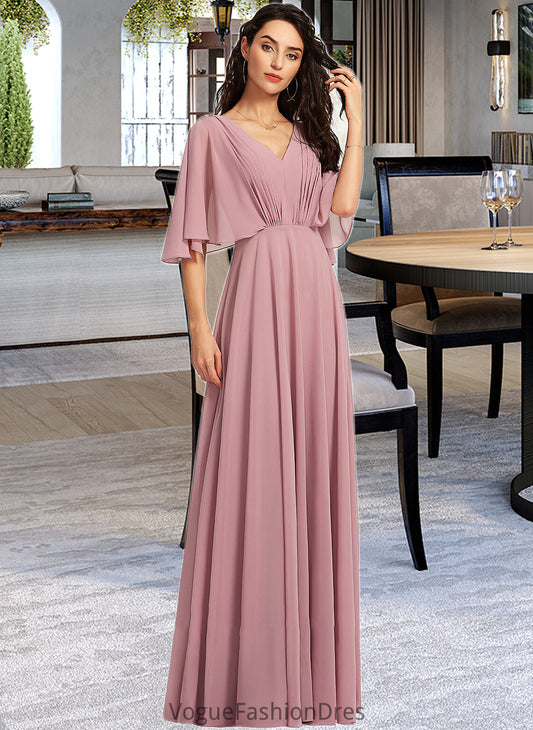 Kayleigh A-Line V-neck Floor-Length Bridesmaid Dress With Ruffle DKP0013214