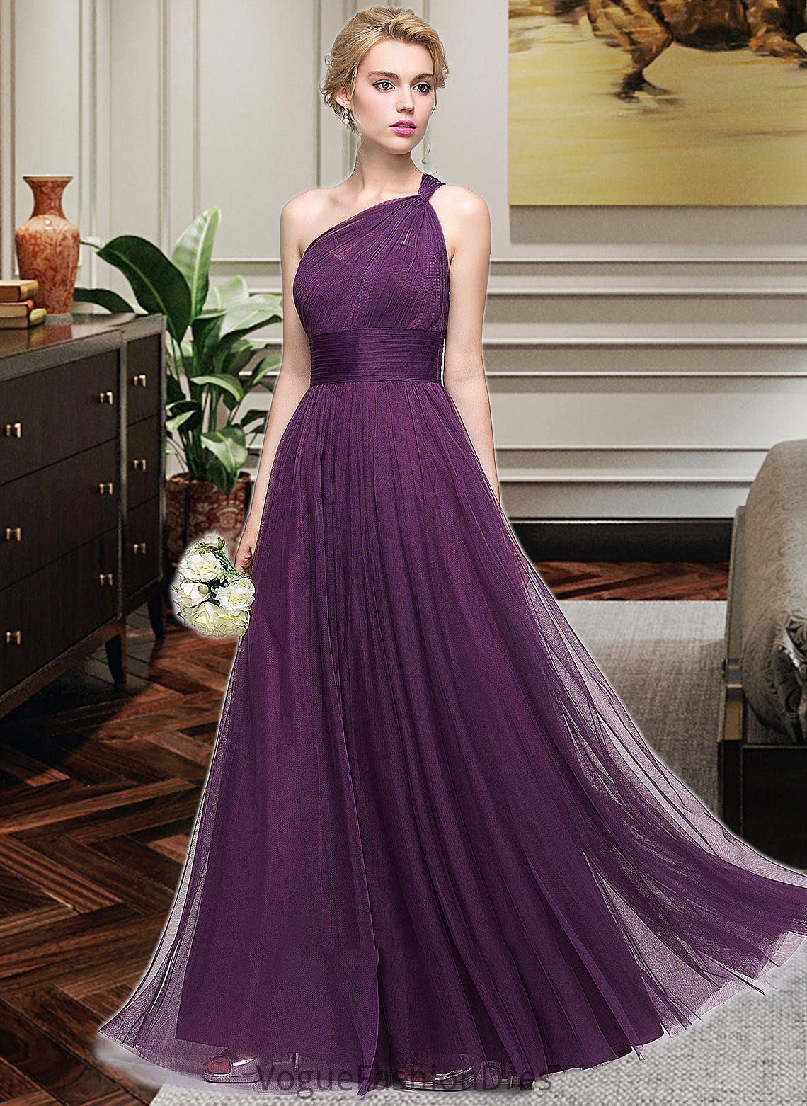 Izabella A-Line One-Shoulder Floor-Length Tulle Bridesmaid Dress With Ruffle DKP0013216