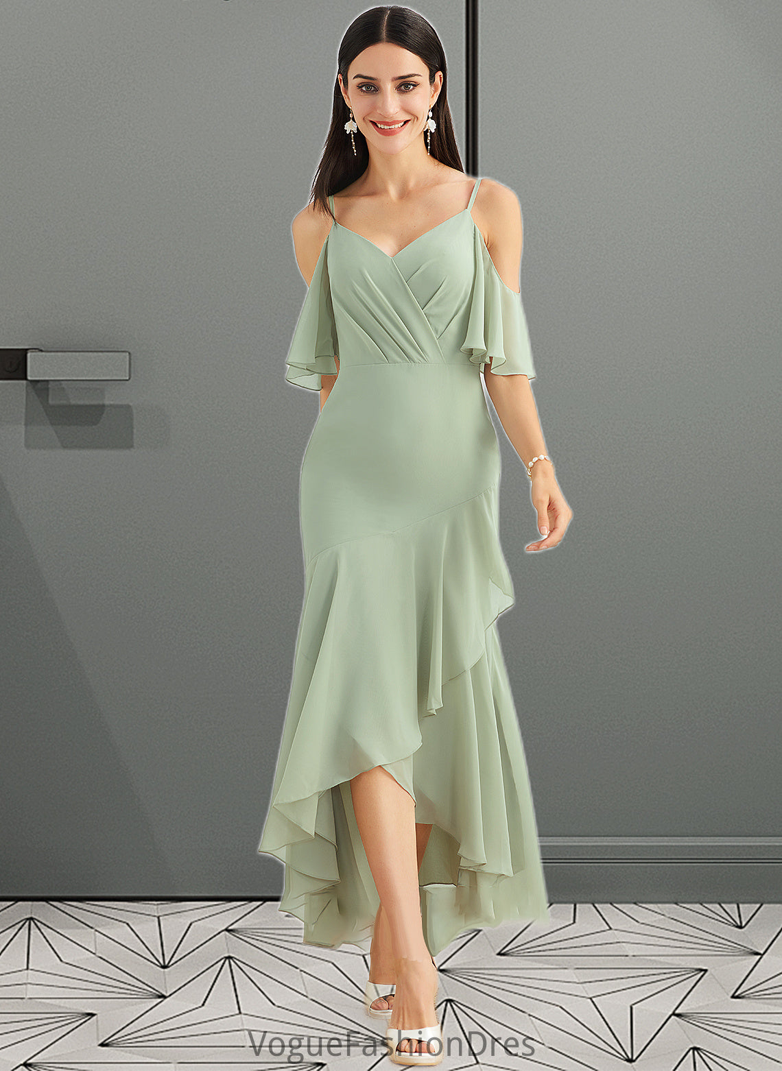 Nicola Trumpet/Mermaid V-neck Asymmetrical Bridesmaid Dress With Ruffle DKP0013222