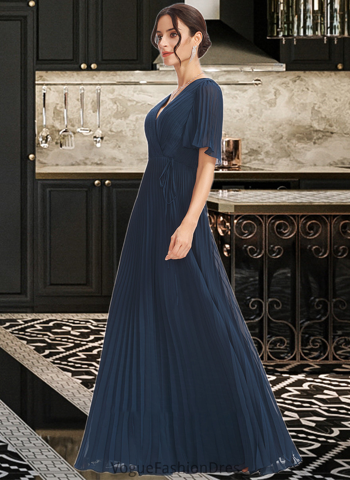 Helga A-Line V-neck Floor-Length Bridesmaid Dress With Ruffle DKP0013223