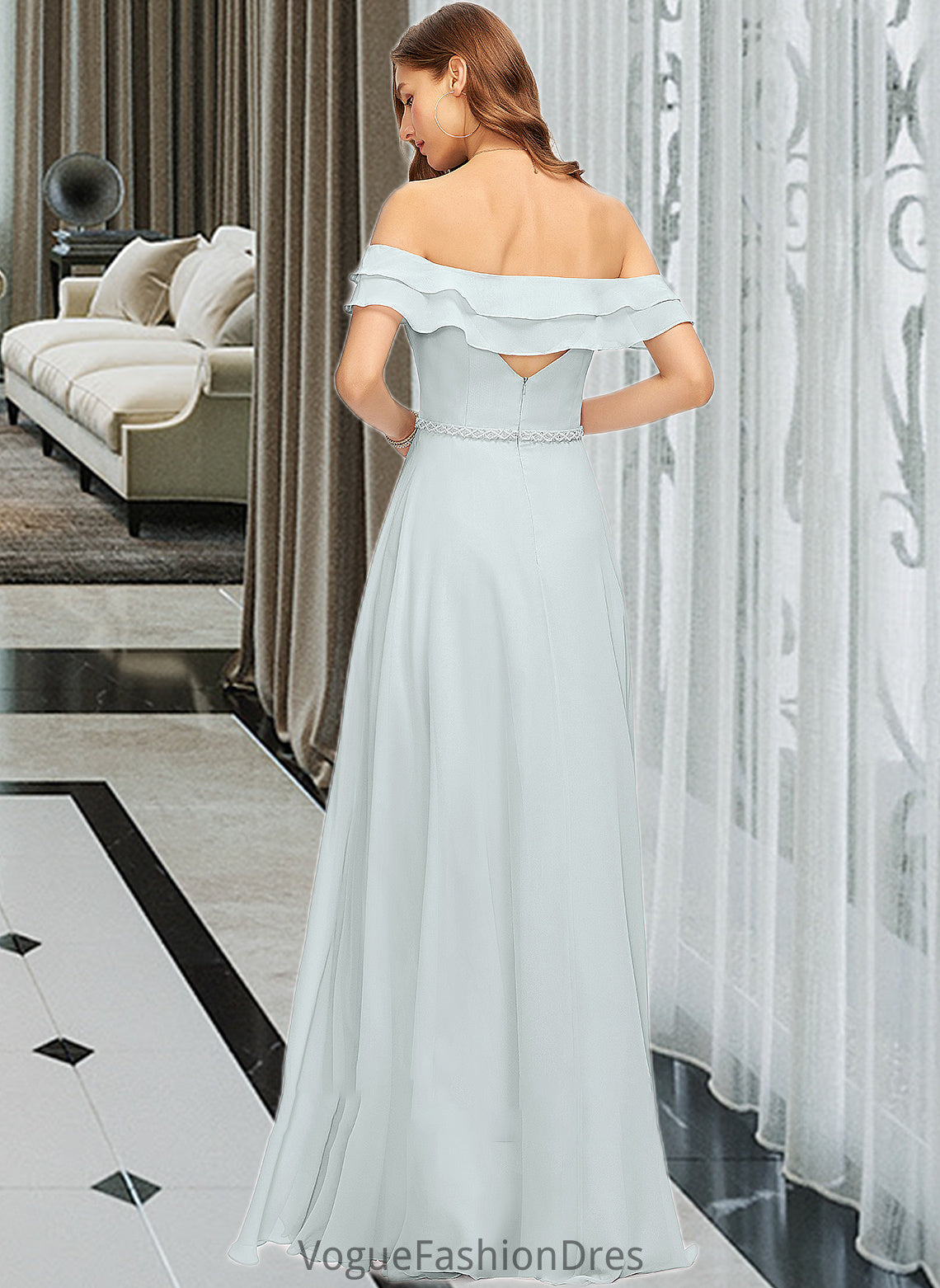 Audrina A-Line Off-the-Shoulder Floor-Length Chiffon Bridesmaid Dress With Beading Split Front Cascading Ruffles DKP0013226