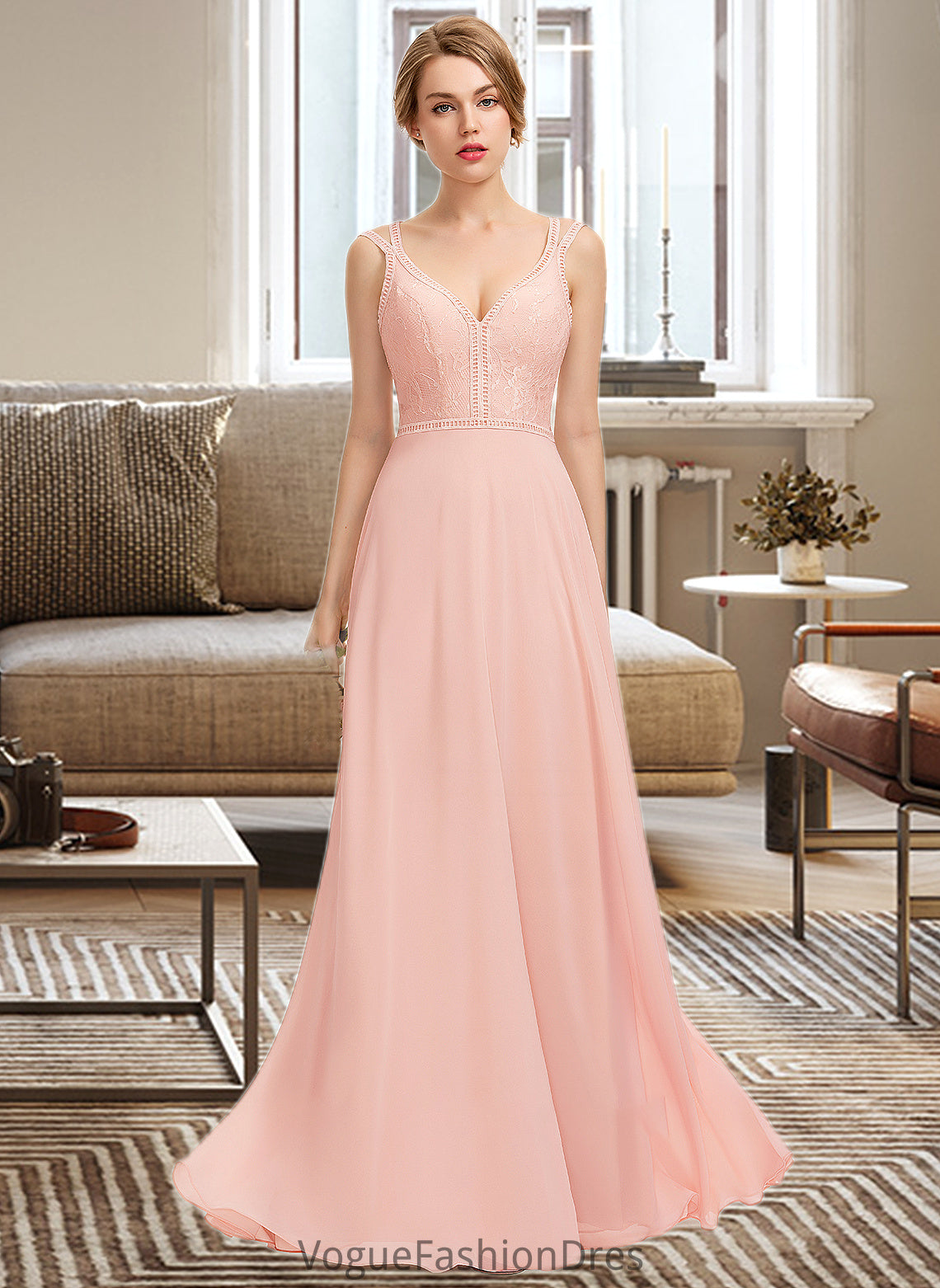 Sage A-Line V-neck Floor-Length Chiffon Lace Bridesmaid Dress DKP0013227