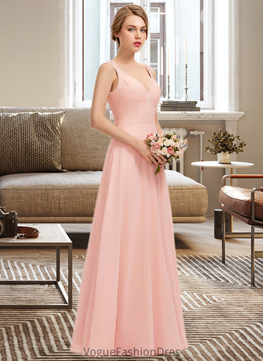 Sage A-Line V-neck Floor-Length Chiffon Lace Bridesmaid Dress DKP0013227