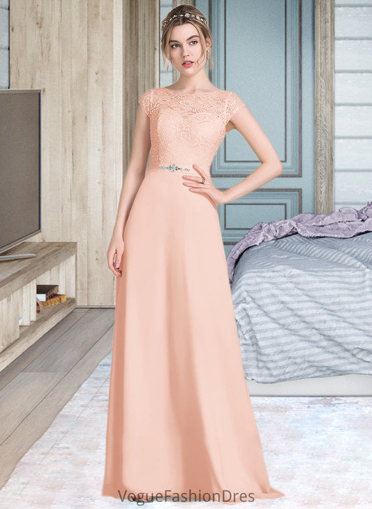 Lainey A-Line Scoop Neck Floor-Length Chiffon Lace Bridesmaid Dress With Beading Bow(s) DKP0013229