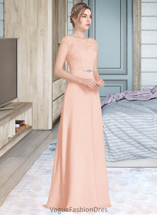 Lainey A-Line Scoop Neck Floor-Length Chiffon Lace Bridesmaid Dress With Beading Bow(s) DKP0013229