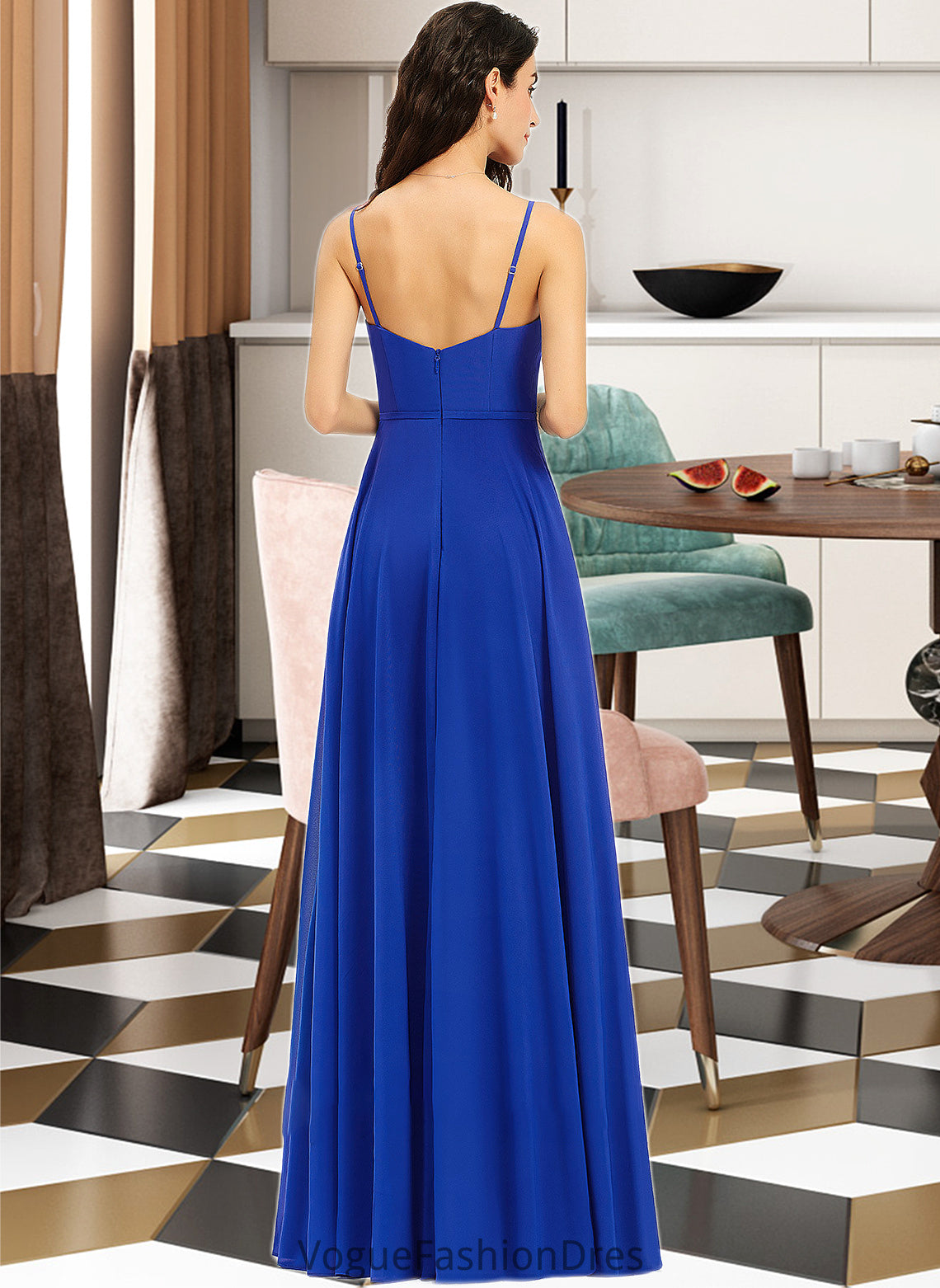 Kendal A-Line V-neck Floor-Length Bridesmaid Dress With Ruffle DKP0013233