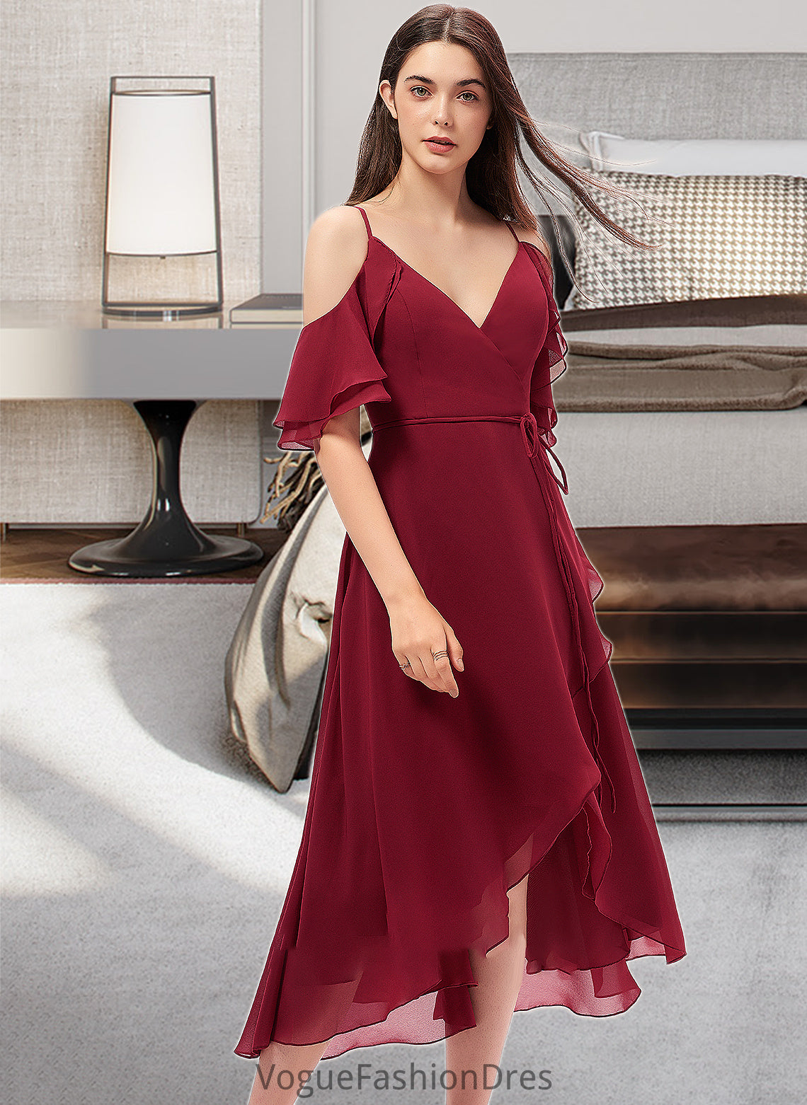 Kelly A-Line V-neck Asymmetrical Chiffon Bridesmaid Dress With Cascading Ruffles DKP0013236