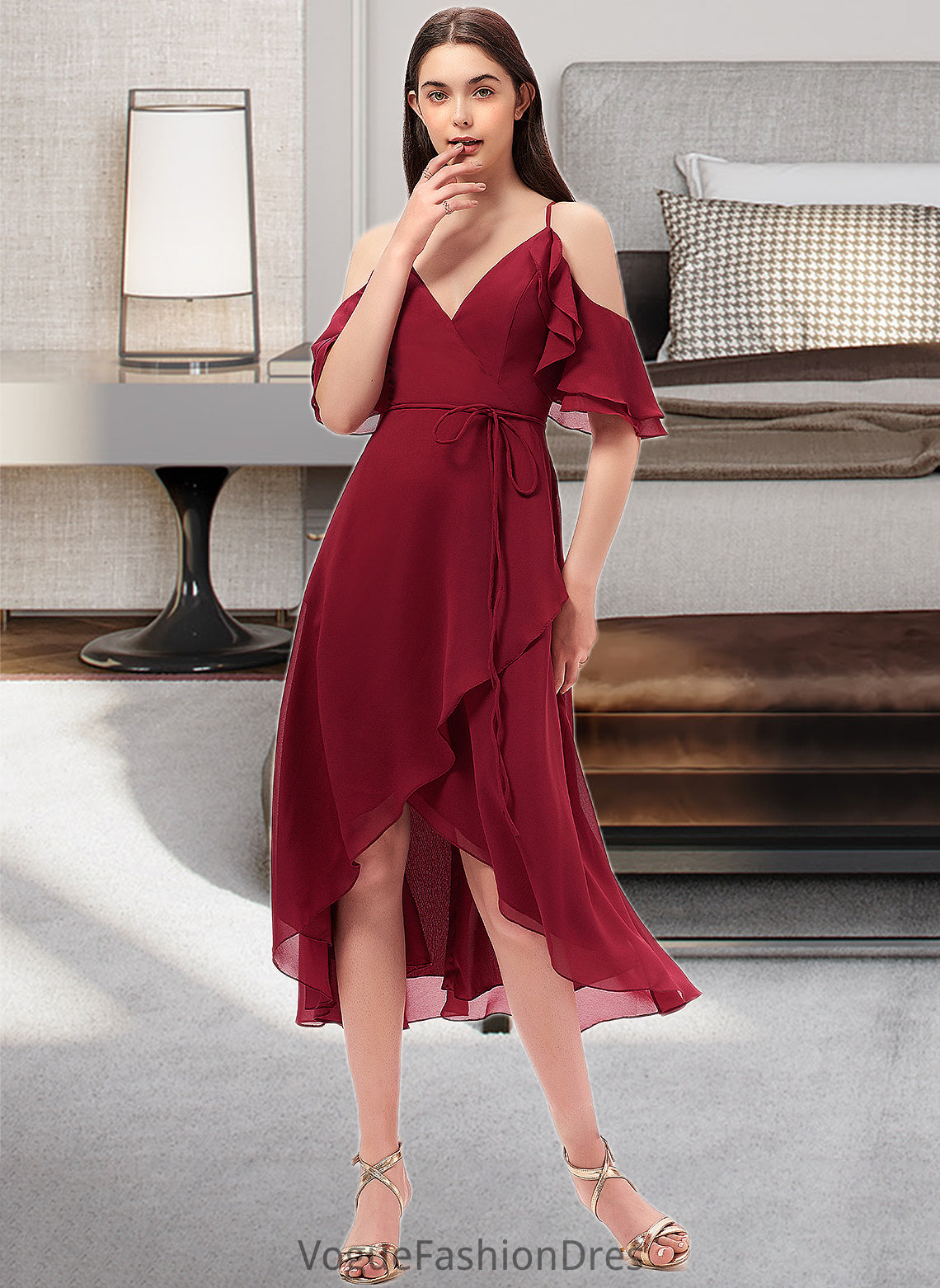 Kelly A-Line V-neck Asymmetrical Chiffon Bridesmaid Dress With Cascading Ruffles DKP0013236