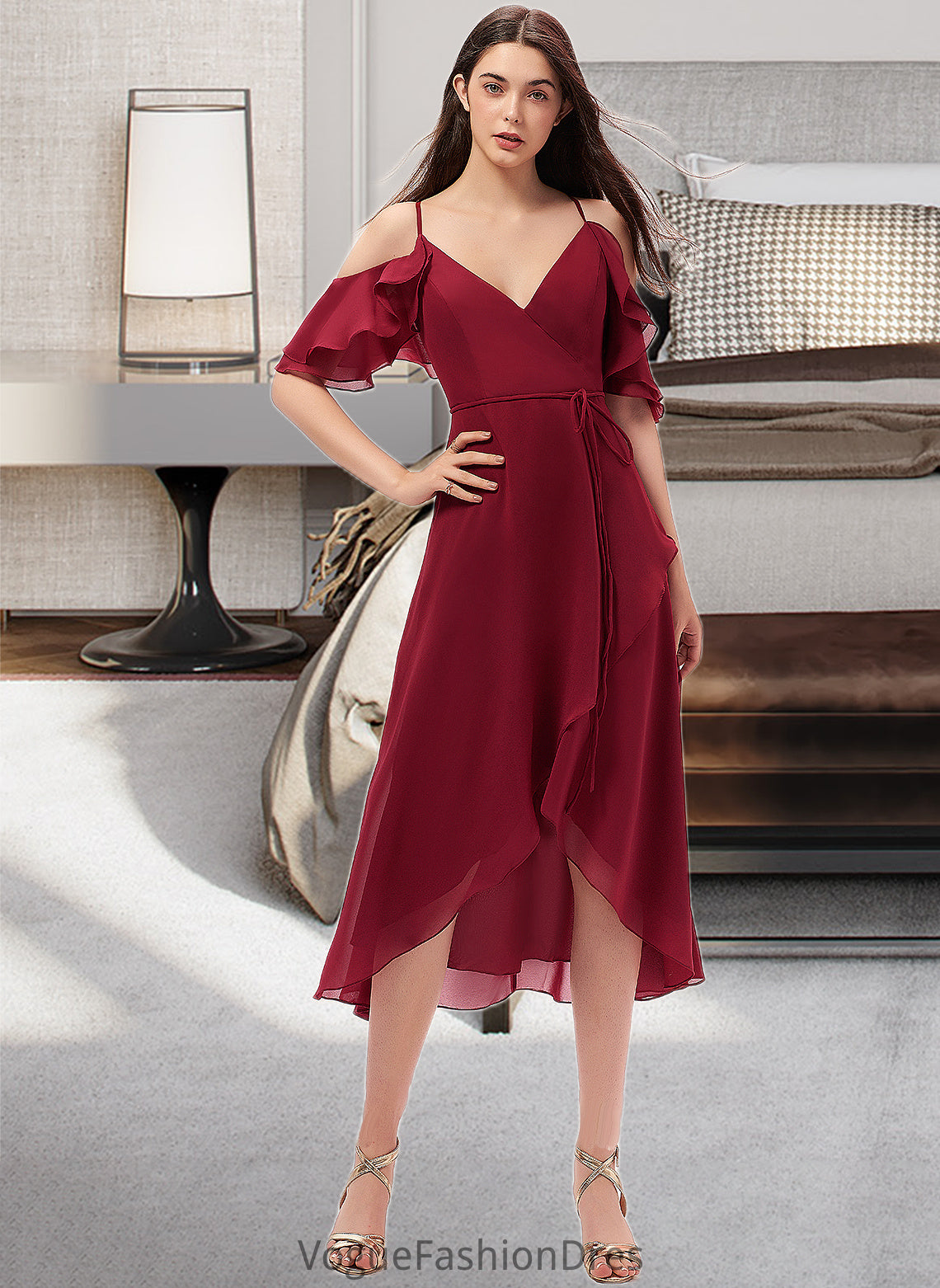 Kelly A-Line V-neck Asymmetrical Chiffon Bridesmaid Dress With Cascading Ruffles DKP0013236