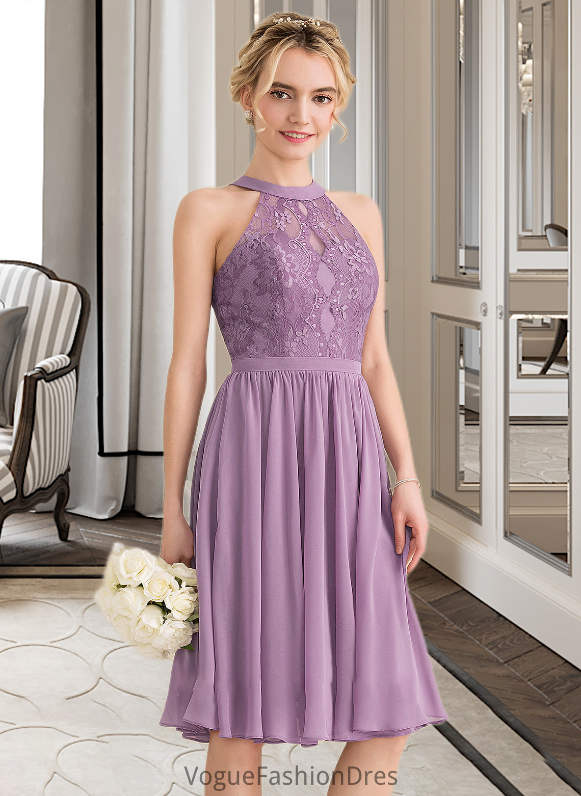 Livia A-Line Scoop Neck Knee-Length Chiffon Lace Bridesmaid Dress DKP0013250