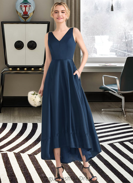 Maeve Ball-Gown/Princess V-neck Asymmetrical Satin Bridesmaid Dress With Pockets DKP0013251