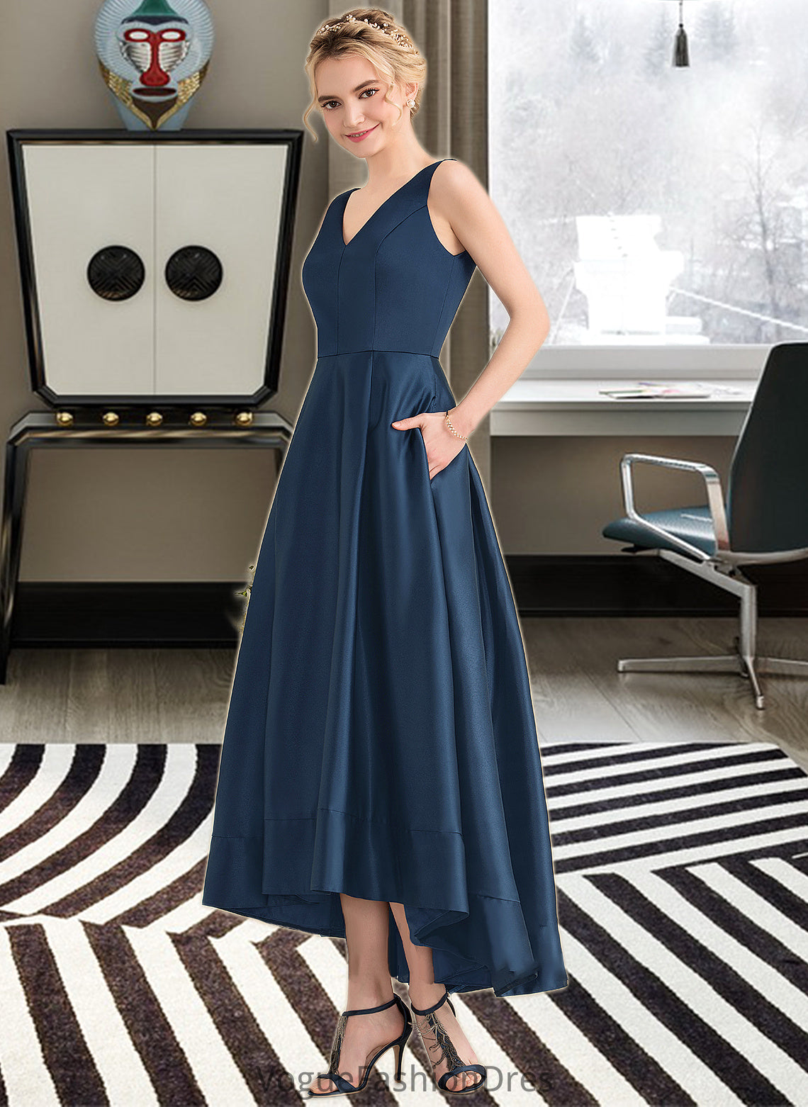 Maeve Ball-Gown/Princess V-neck Asymmetrical Satin Bridesmaid Dress With Pockets DKP0013251