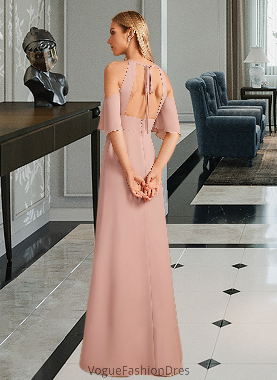 Robin Sheath/Column High Neck Floor-Length Bridesmaid Dress With Split Front DKP0013254