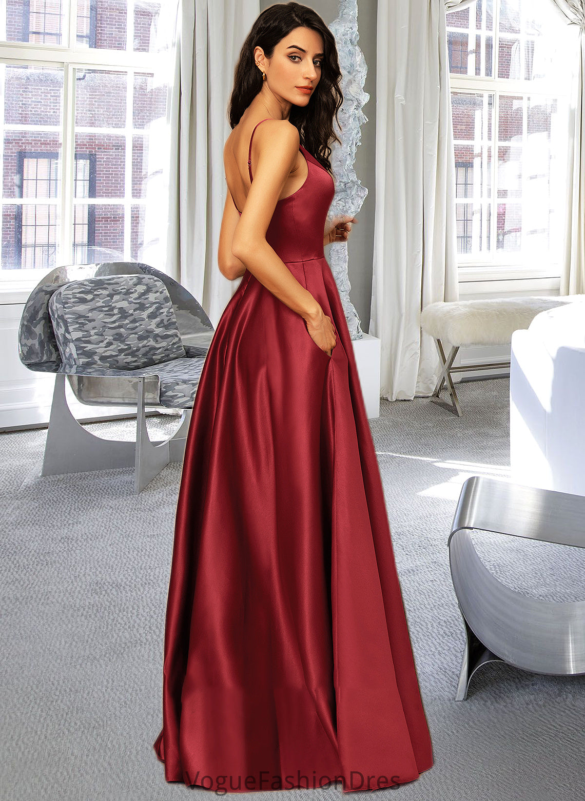 Kyleigh A-LineV-neckFloor-LengthSatinBridesmaidDressWithPockets#251382 DKP0013256