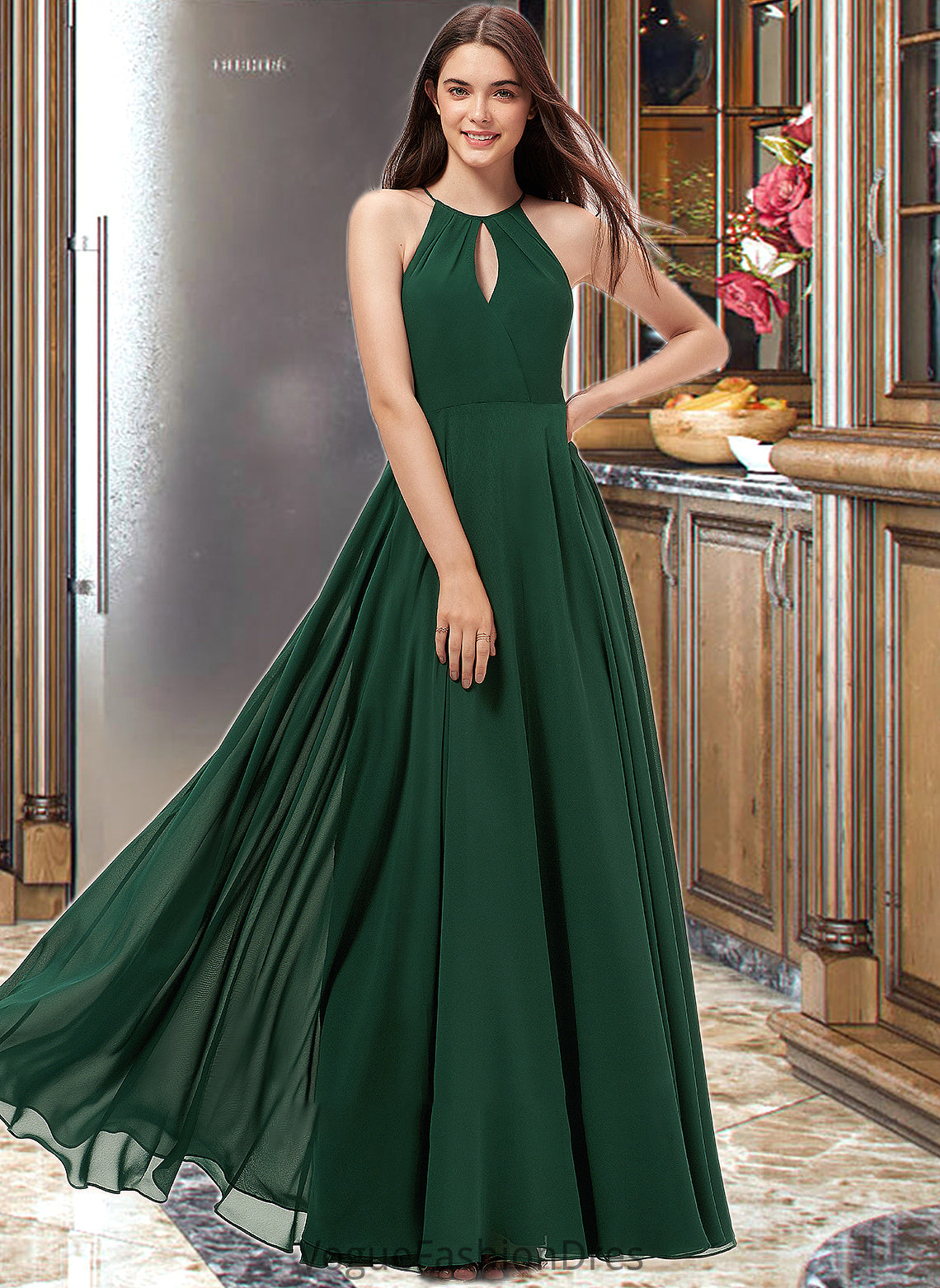 Liliana A-Line Scoop Neck Floor-Length Chiffon Bridesmaid Dress DKP0013257