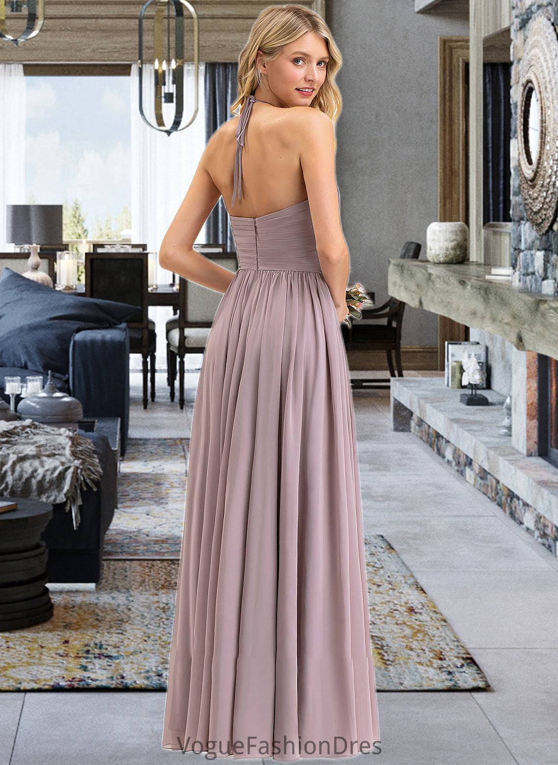 Julianna Empire Halter Floor-Length Chiffon Bridesmaid Dress With Ruffle Bow(s) DKP0013258