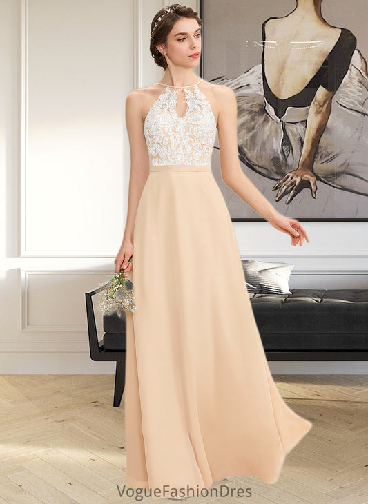 Aniyah A-Line Scoop Neck Floor-Length Chiffon Lace Bridesmaid Dress With Bow(s) DKP0013259