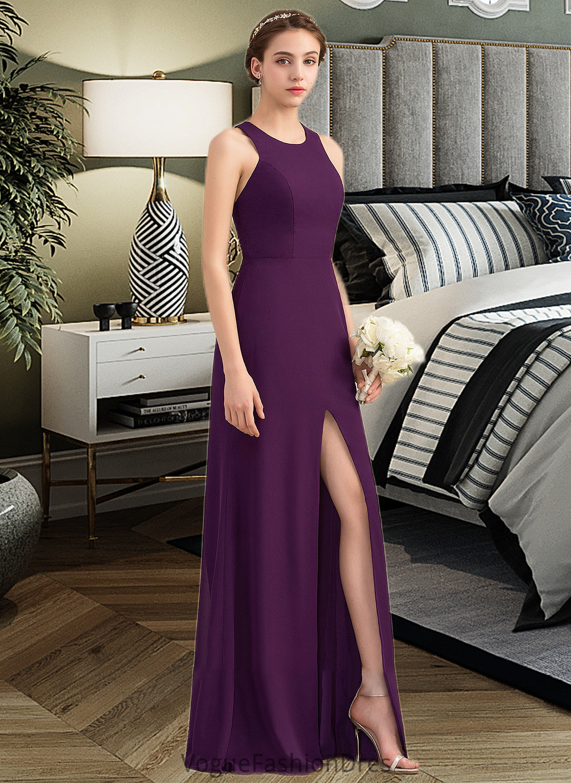 Nora A-Line Scoop Neck Floor-Length Chiffon Bridesmaid Dress With Split Front DKP0013260