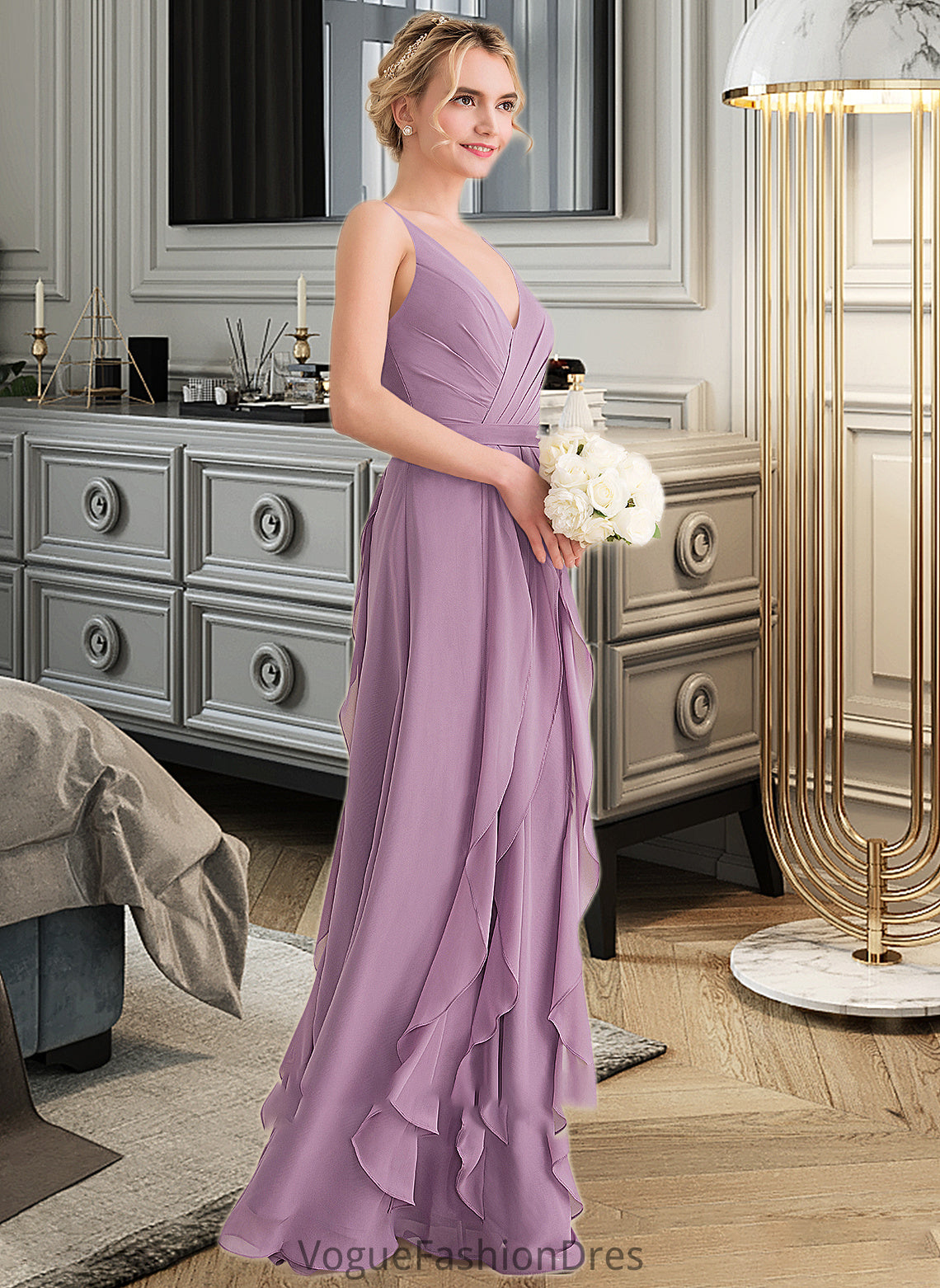 Hallie A-Line V-neck Floor-Length Chiffon Bridesmaid Dress With Cascading Ruffles DKP0013261