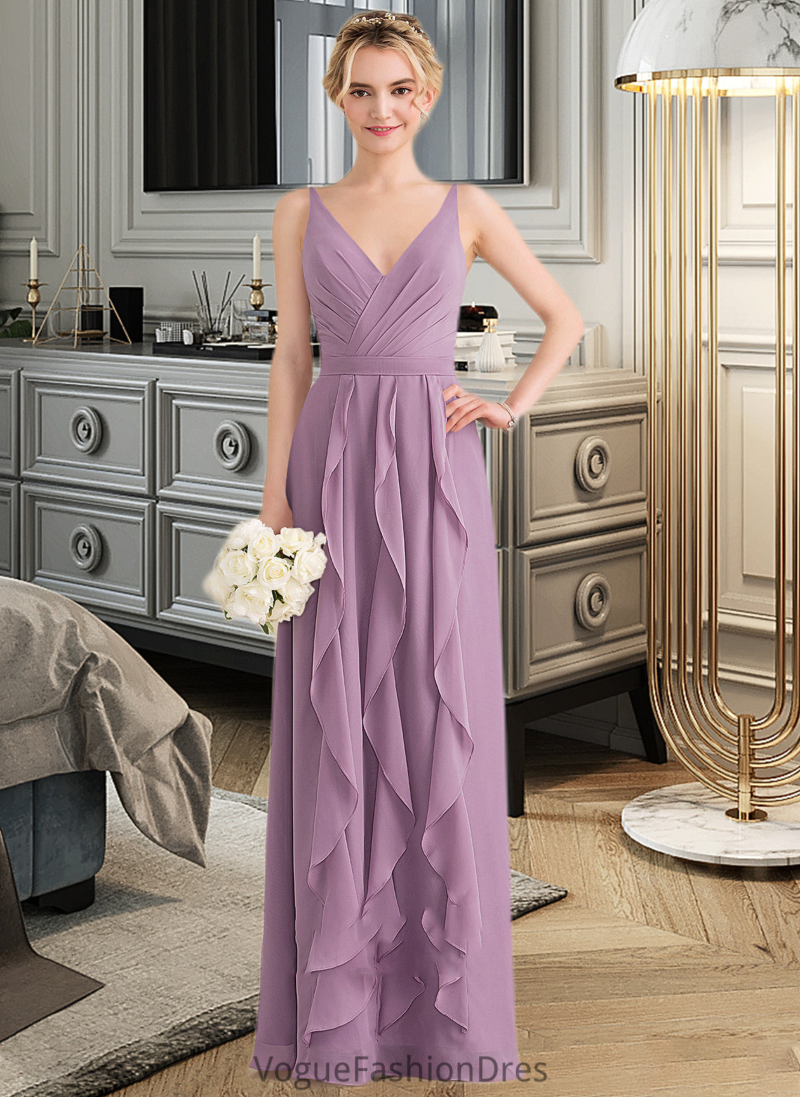 Hallie A-Line V-neck Floor-Length Chiffon Bridesmaid Dress With Cascading Ruffles DKP0013261