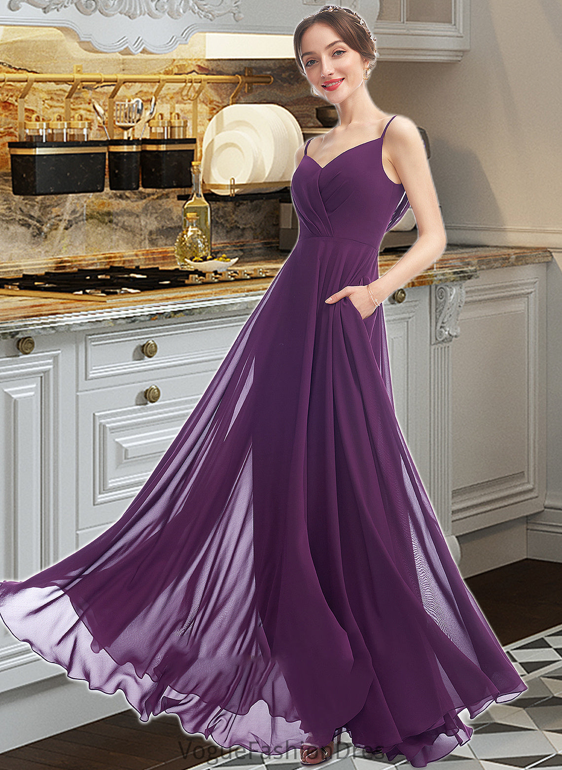 Avah A-Line V-neck Floor-Length Bridesmaid Dress With Pockets DKP0013263