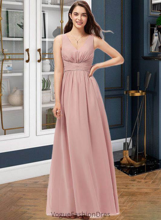 Sloane A-Line V-neck Floor-Length Chiffon Bridesmaid Dress With Ruffle DKP0013266