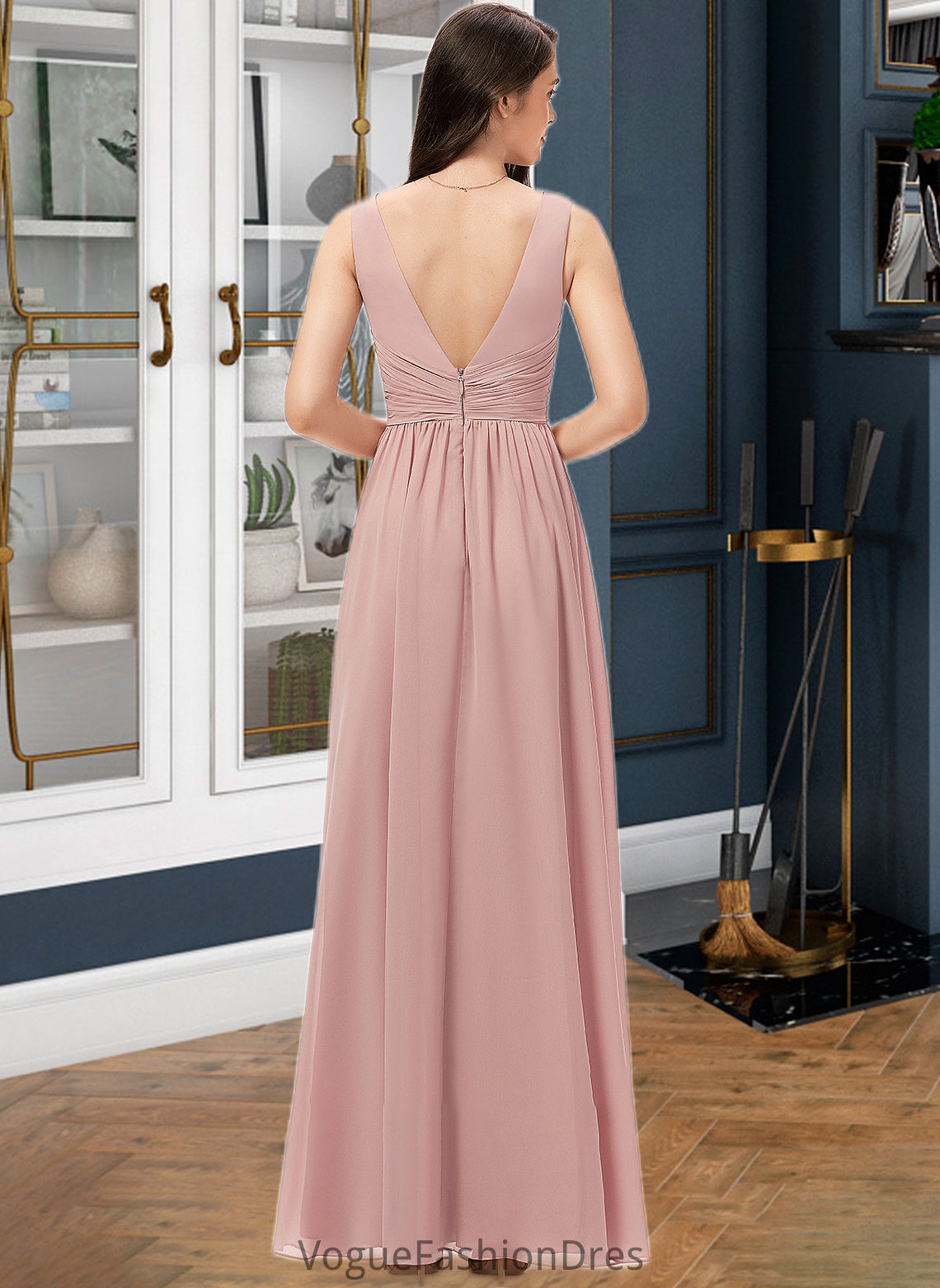 Sloane A-Line V-neck Floor-Length Chiffon Bridesmaid Dress With Ruffle DKP0013266