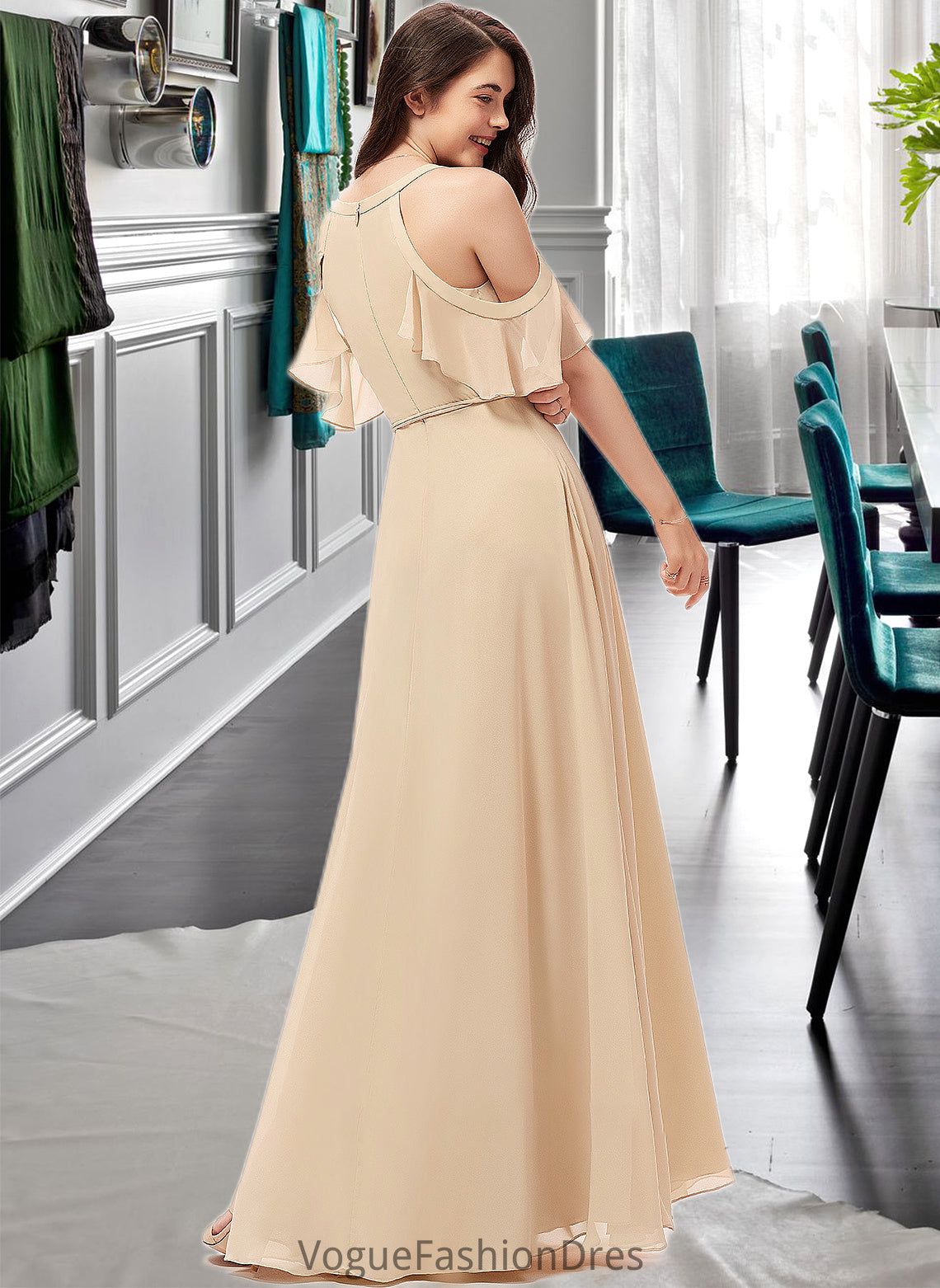 Amanda A-Line V-neck Floor-Length Chiffon Bridesmaid Dress With Ruffle Split Front DKP0013267