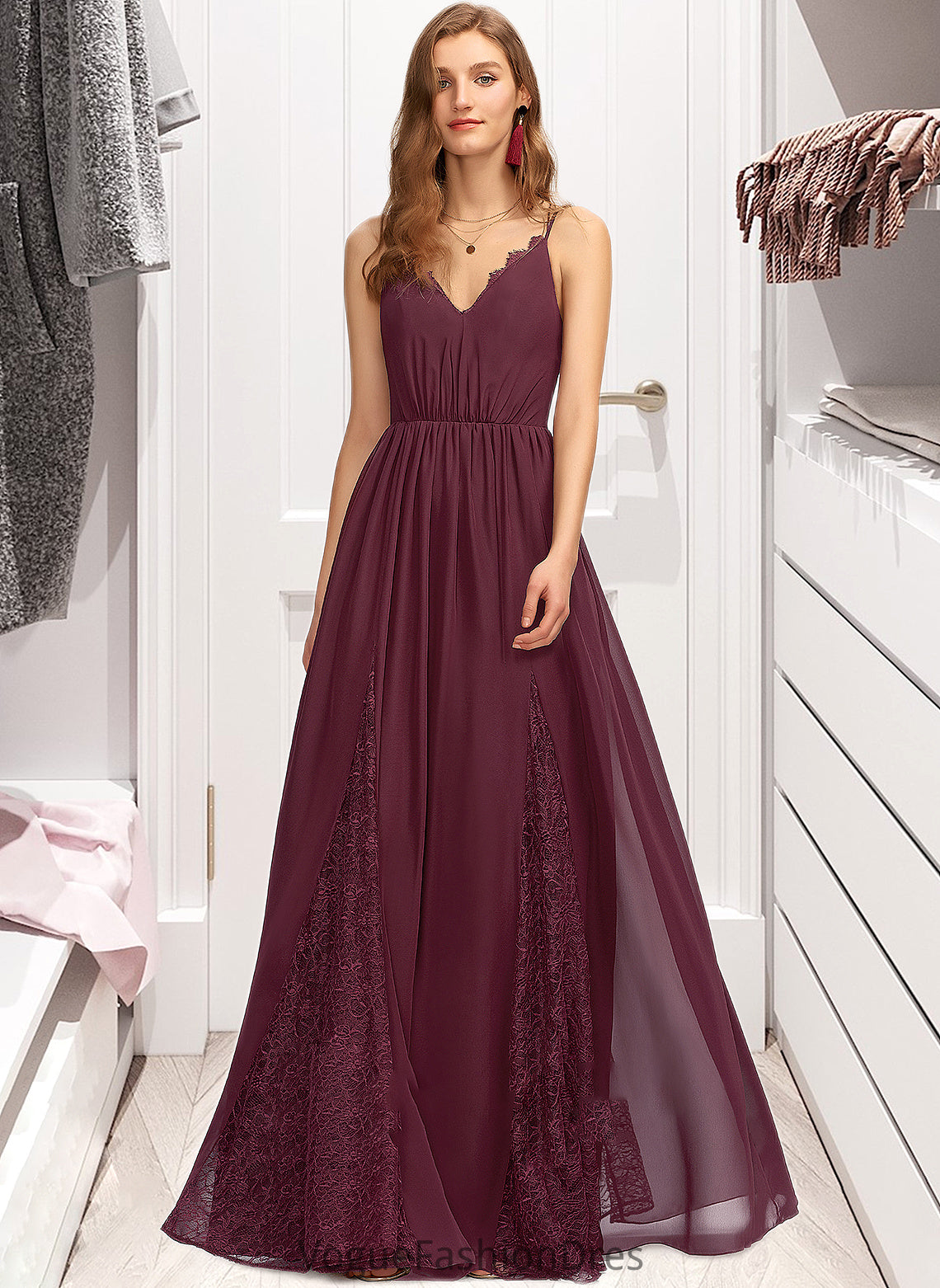 Carlie A-Line V-neck Floor-Length Chiffon Lace Bridesmaid Dress DKP0013268