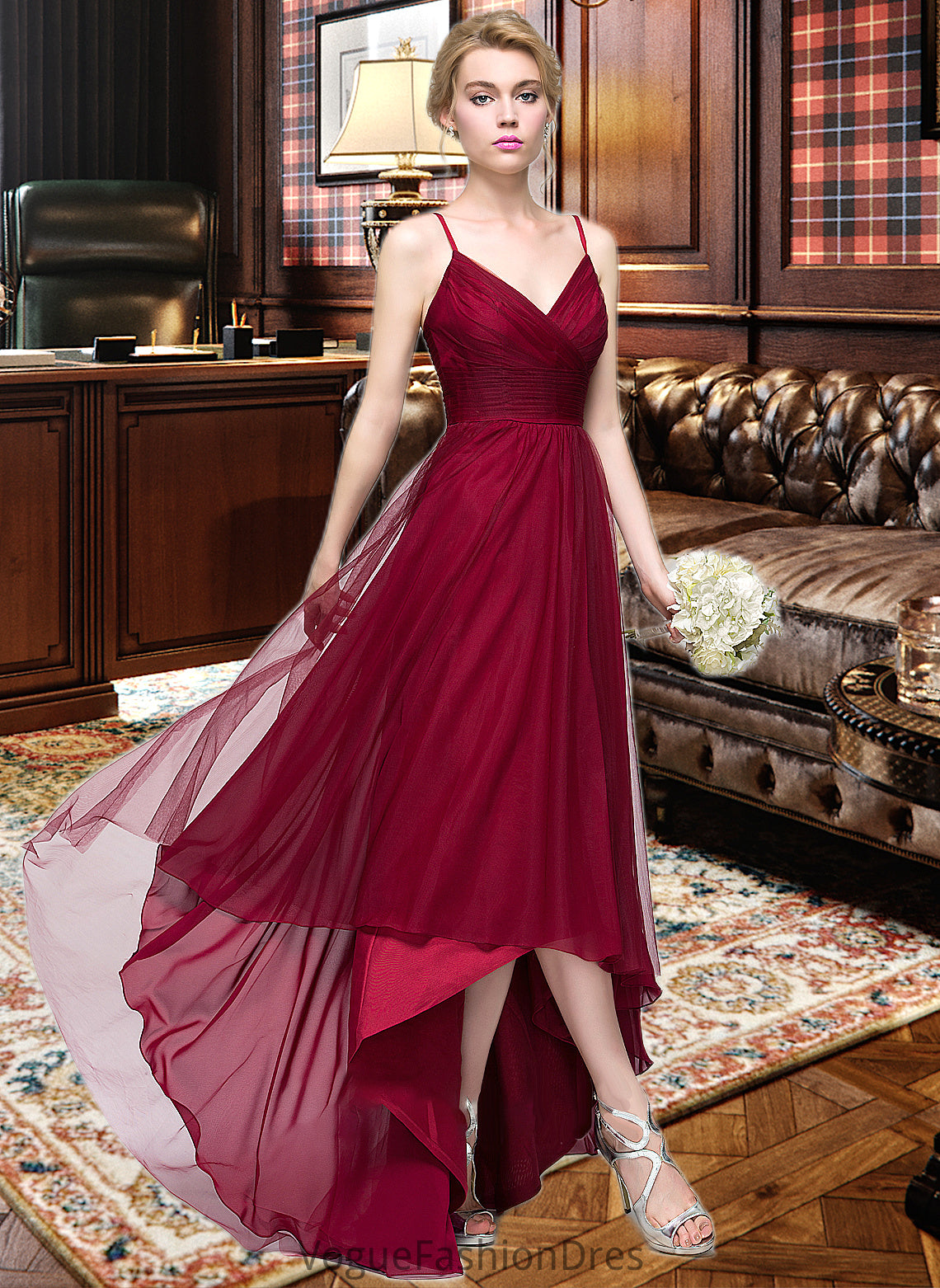 Karlee A-Line V-neck Asymmetrical Tulle Bridesmaid Dress DKP0013270