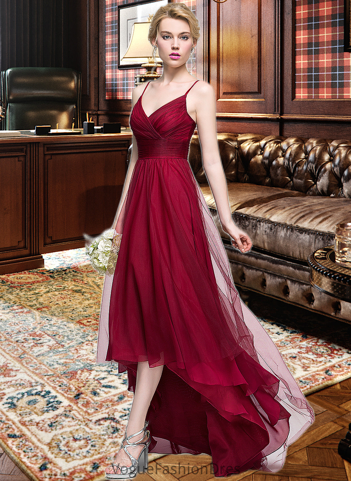 Karlee A-Line V-neck Asymmetrical Tulle Bridesmaid Dress DKP0013270