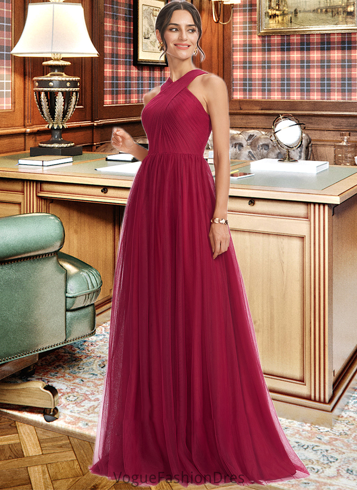 Frederica A-Line Halter Floor-Length Bridesmaid Dress With Ruffle DKP0013274