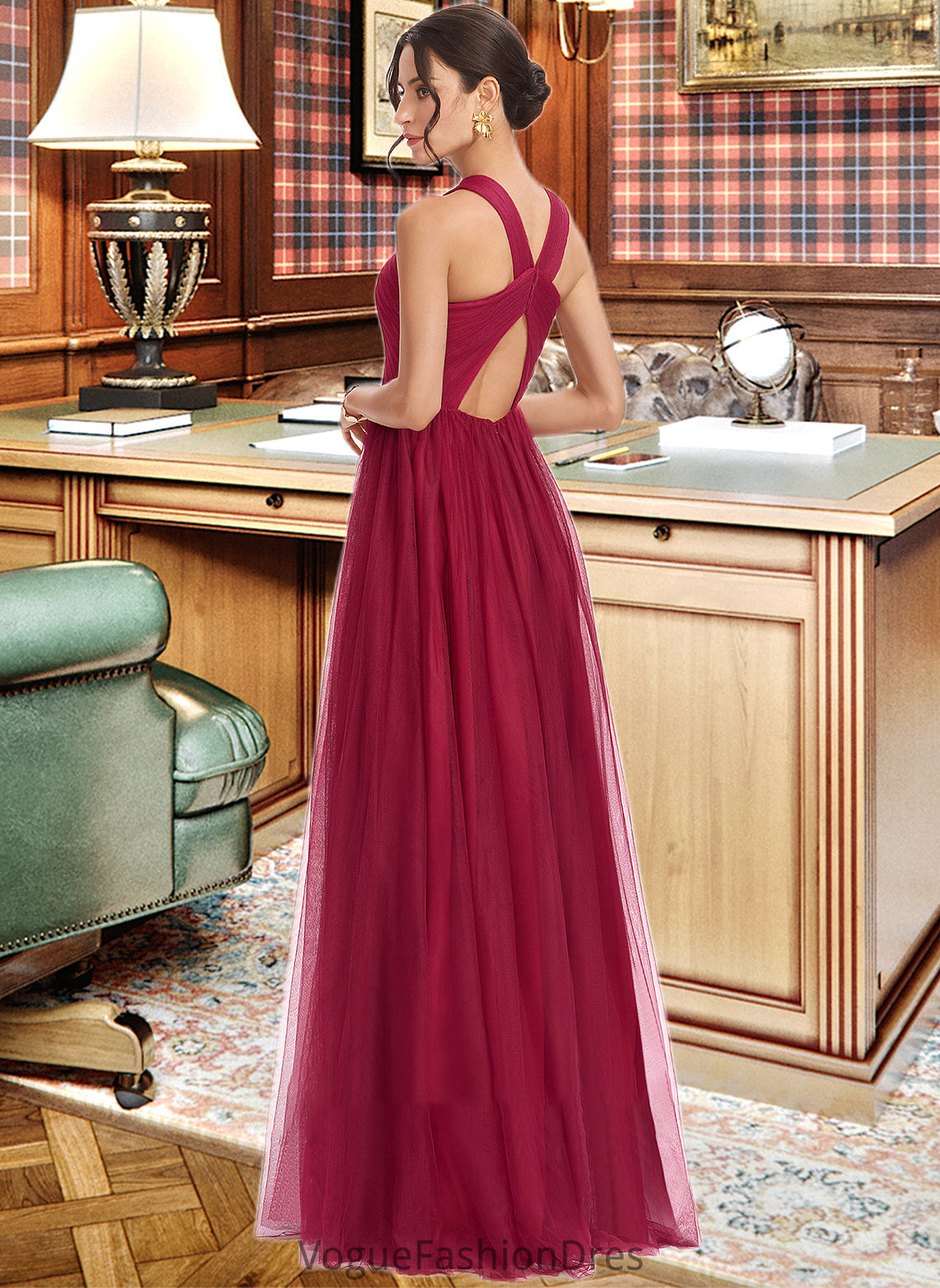 Frederica A-Line Halter Floor-Length Bridesmaid Dress With Ruffle DKP0013274