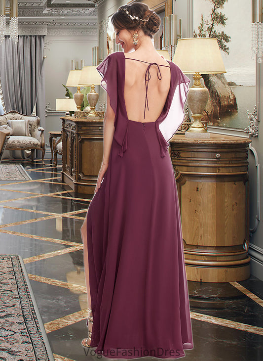 Viviana A-Line V-neck Floor-Length Bridesmaid Dress With Ruffle Split Front DKP0013276