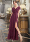 Viviana A-Line V-neck Floor-Length Bridesmaid Dress With Ruffle Split Front DKP0013276