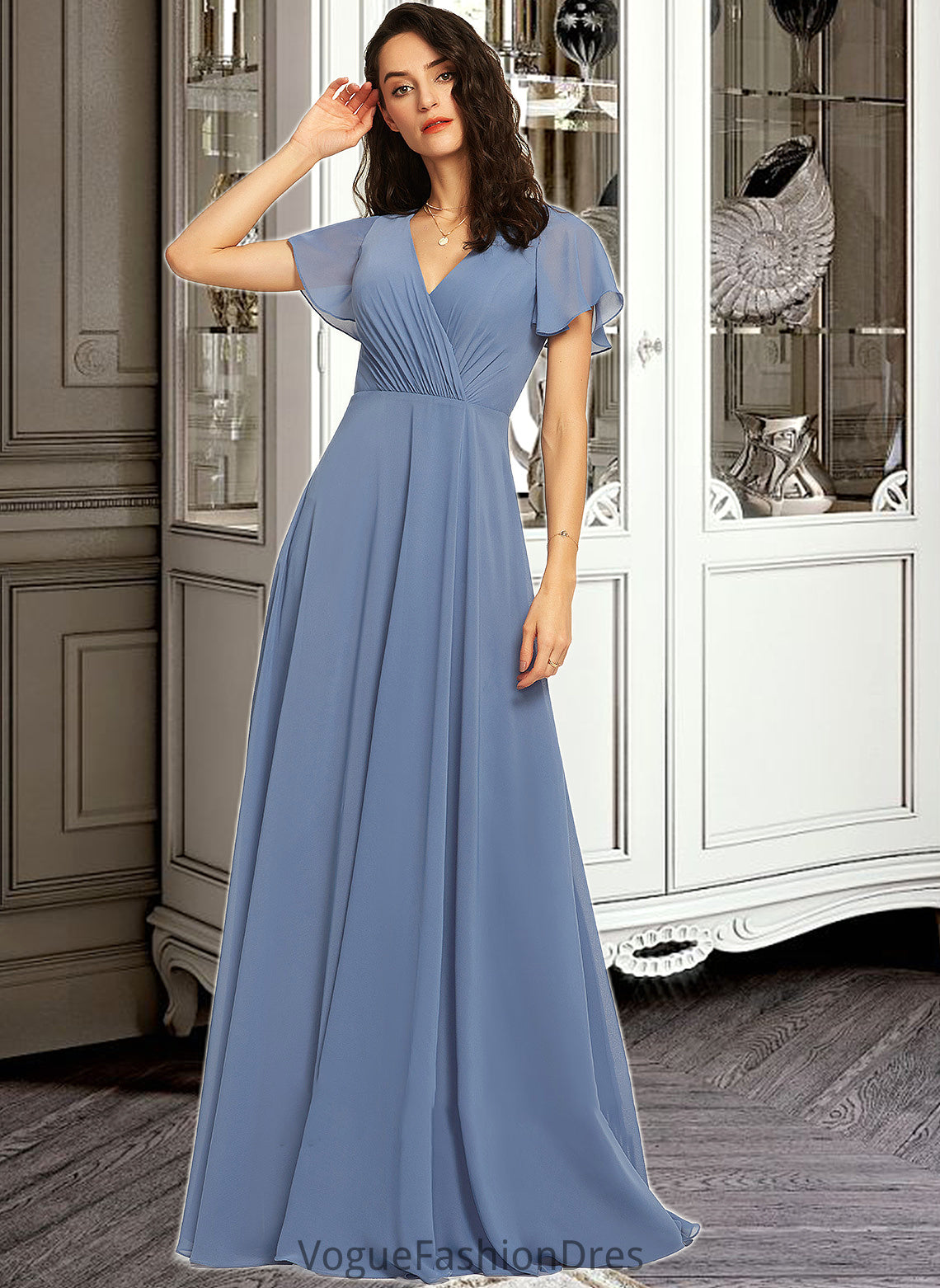 Everleigh A-Line V-neck Floor-Length Bridesmaid Dress With Lace DKP0013278