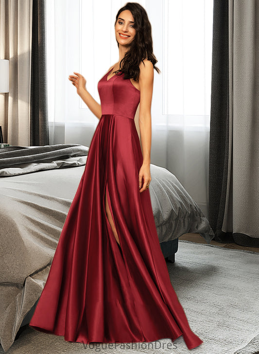 Rhianna A-Line V-neck Floor-Length Satin Bridesmaid Dress With Pockets DKP0013279