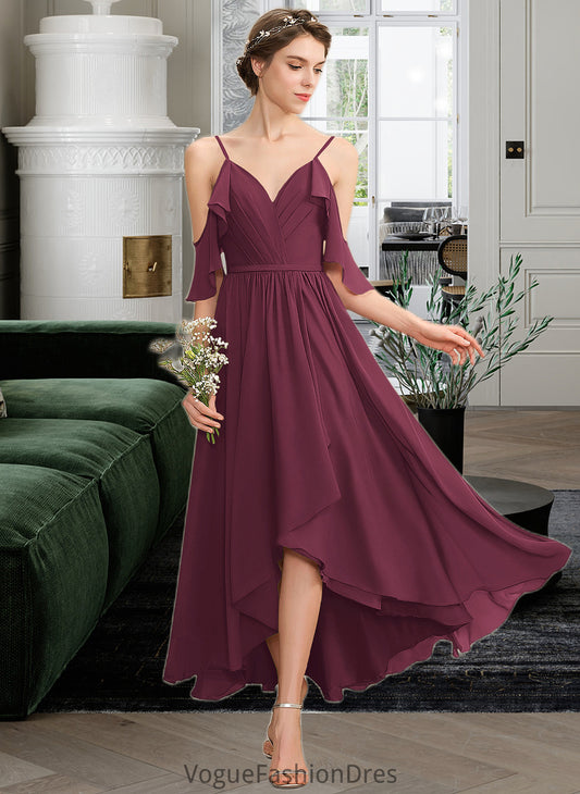 Laylah A-Line V-neck Asymmetrical Chiffon Bridesmaid Dress With Cascading Ruffles DKP0013280