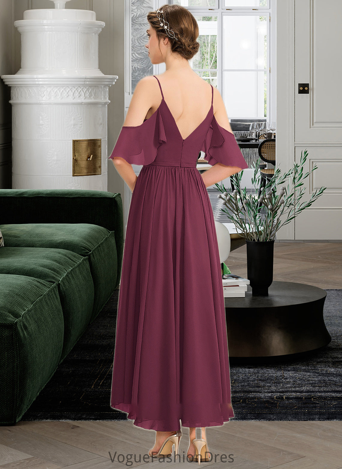 Laylah A-Line V-neck Asymmetrical Chiffon Bridesmaid Dress With Cascading Ruffles DKP0013280