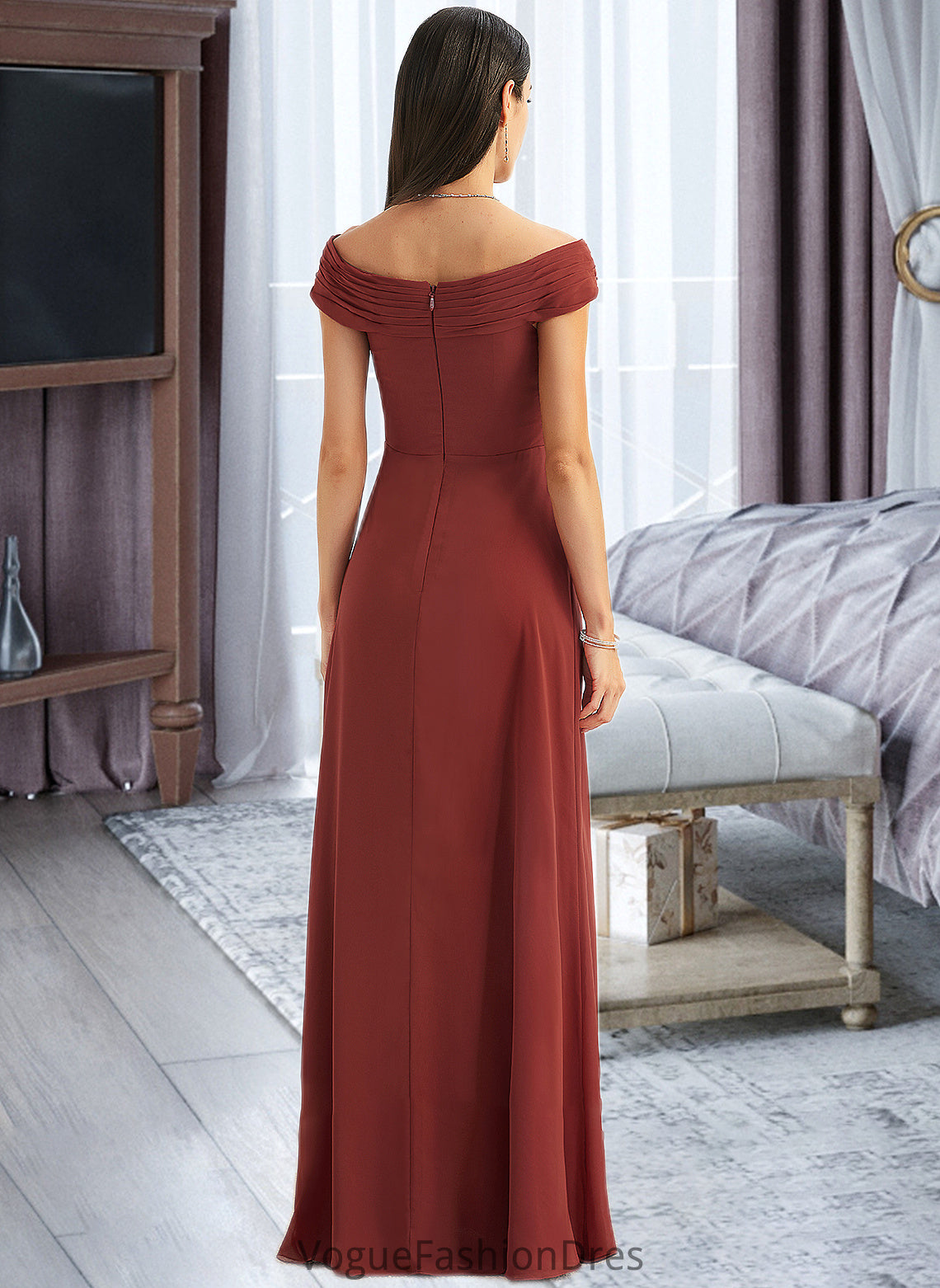 Rory Sheath/Column Off-the-Shoulder Floor-Length Bridesmaid Dress With Ruffle DKP0013284