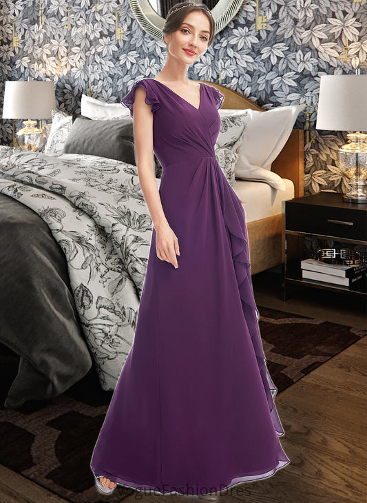 Shelby A-Line V-neck Floor-Length Bridesmaid Dress With Ruffle Pockets DKP0013285