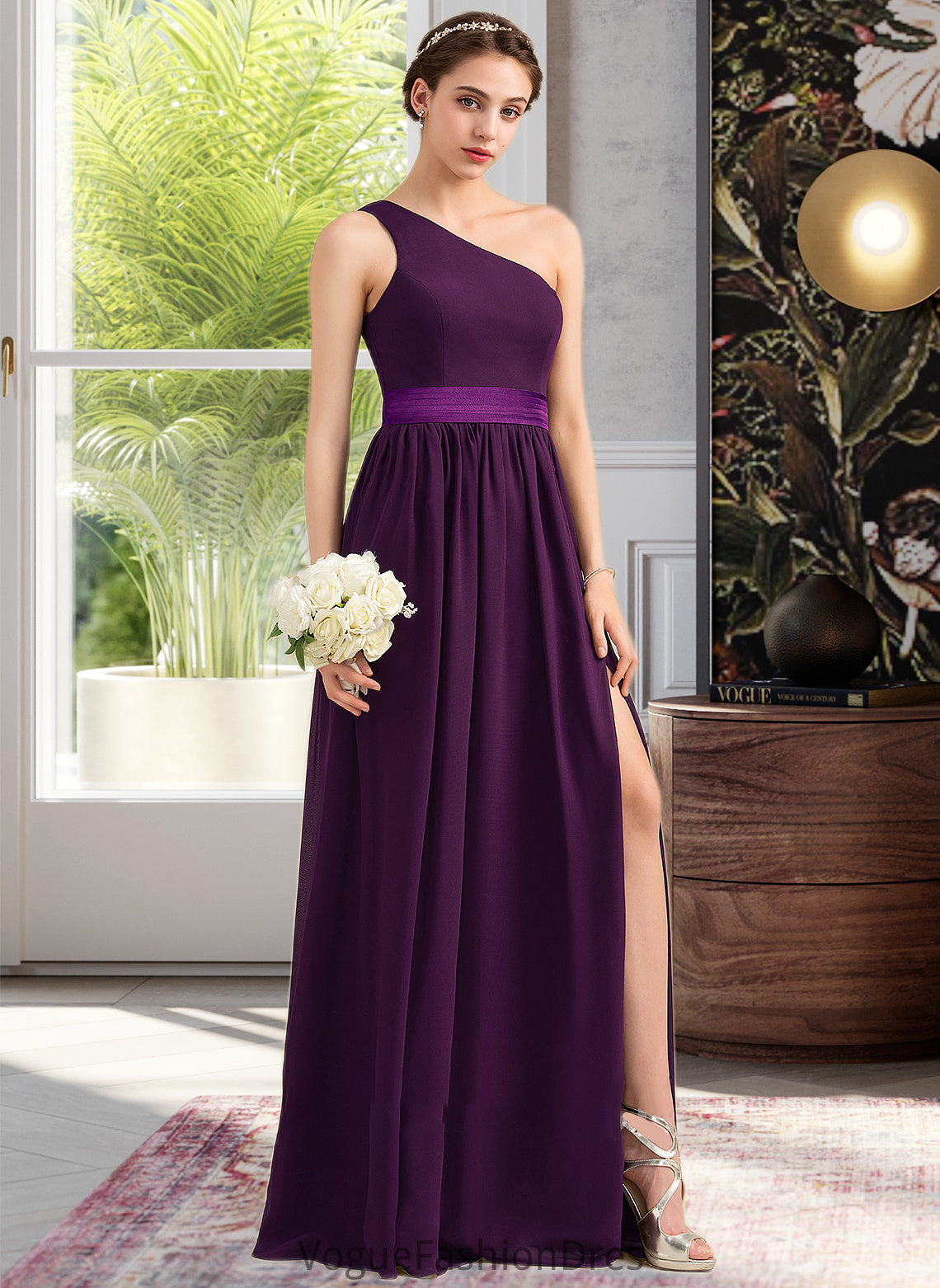 Cierra A-Line/Princess One-Shoulder Floor-Length Chiffon Charmeuse Bridesmaid Dress With Ruffle Split Front DKP0013288