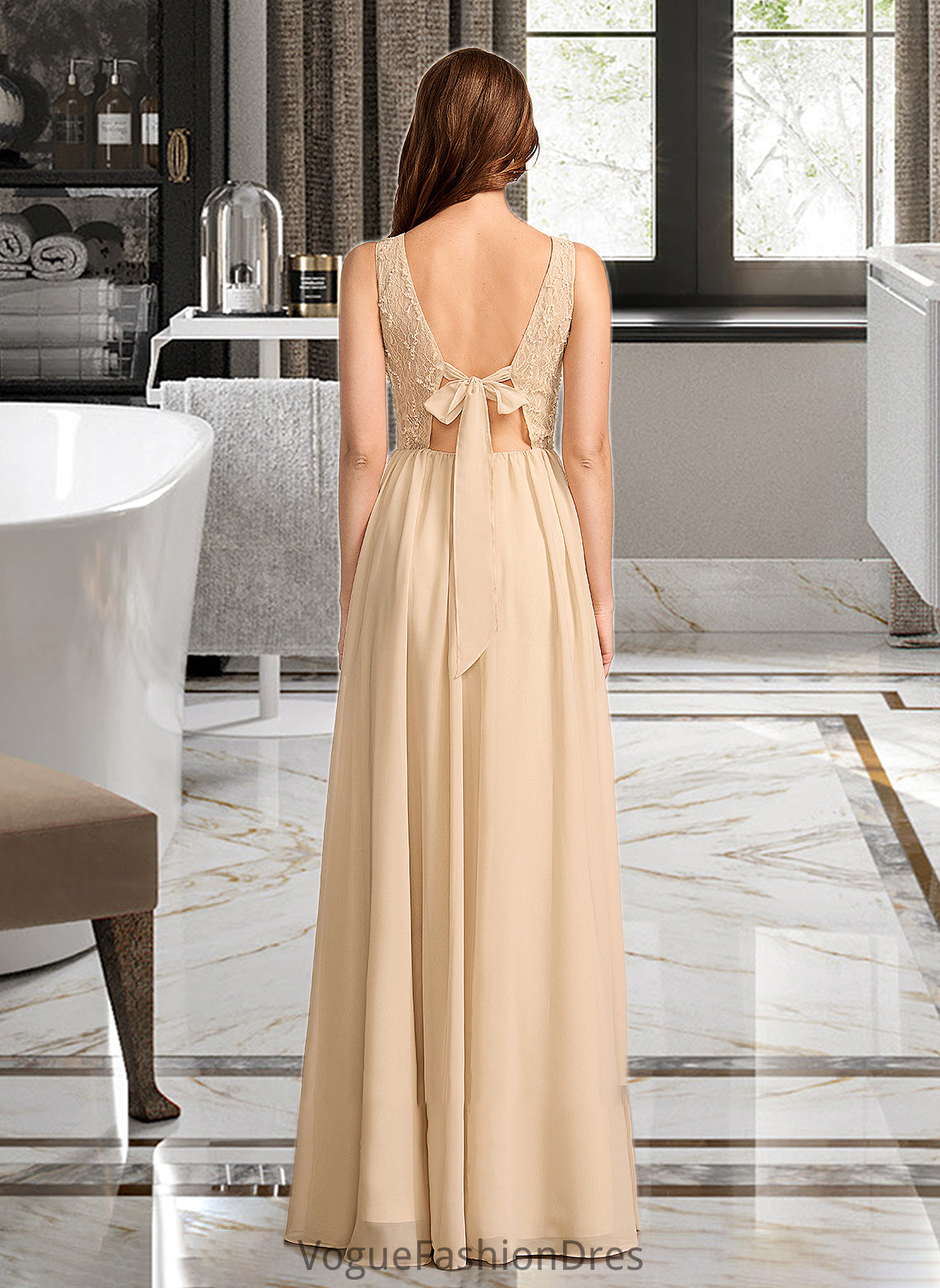 Dayana A-Line V-neck Floor-Length Bridesmaid Dress With Sequins DKP0013291