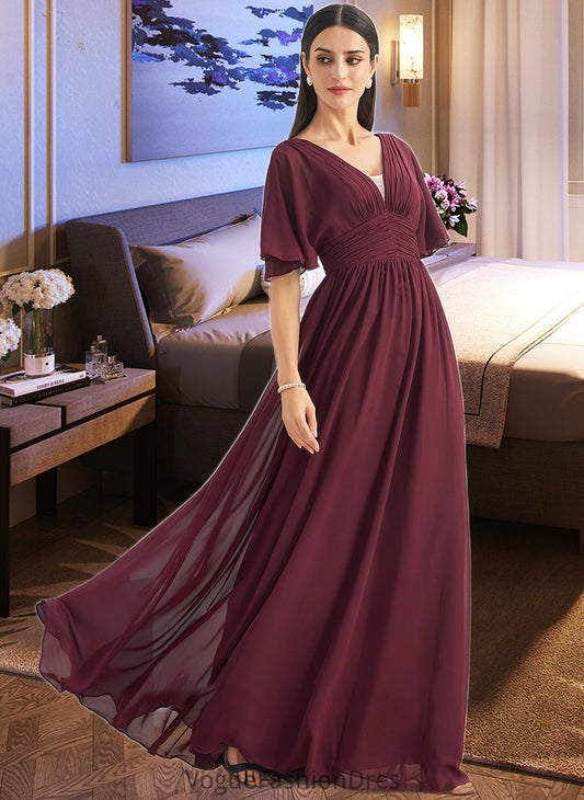 Madalyn A-Line V-neck Floor-Length Bridesmaid Dress With Ruffle DKP0013292